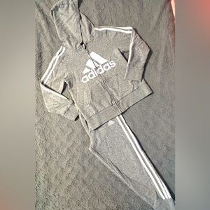 Boys Adidas Sweatsuit: Gray w/ white stripe.